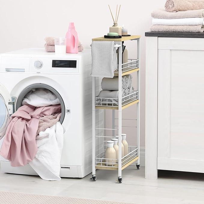 Slim Storage Cart White Narrow Storage Cabinet 4 Tier Laundry Room Organization Mobile Bathroom Shelving Unit Organizer Rolling Utility Cart Slide Out Kitchen Cart Tower Rack for Narrow Places 7.08’’W - ModernBath