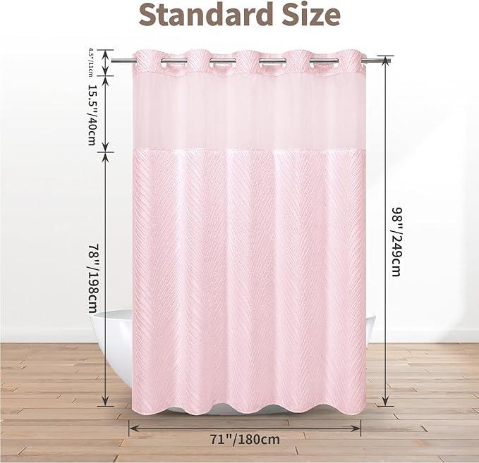 eachope no Hook Shower Curtain and Liner Set，Boho Style with See Through Top Window, Pink Fabric Tufted Striped Textured Outer Curtain & Waterproof Inner Liner, Pink, 71Wx98H - ModernBath