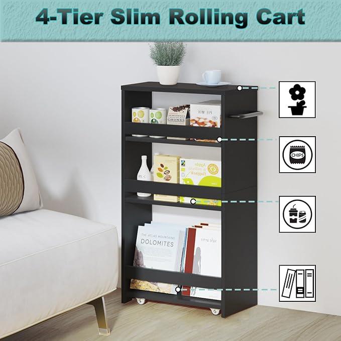 MARTY Rolling Storage Cart 7.9" W, 4-Tier Kitchen Cart with Wheels Handle, Slim Storage Cart Mobile Shelving Utility Carts for Bathroom Laundry Room Organization Narrow Places (All Black) - ModernBath