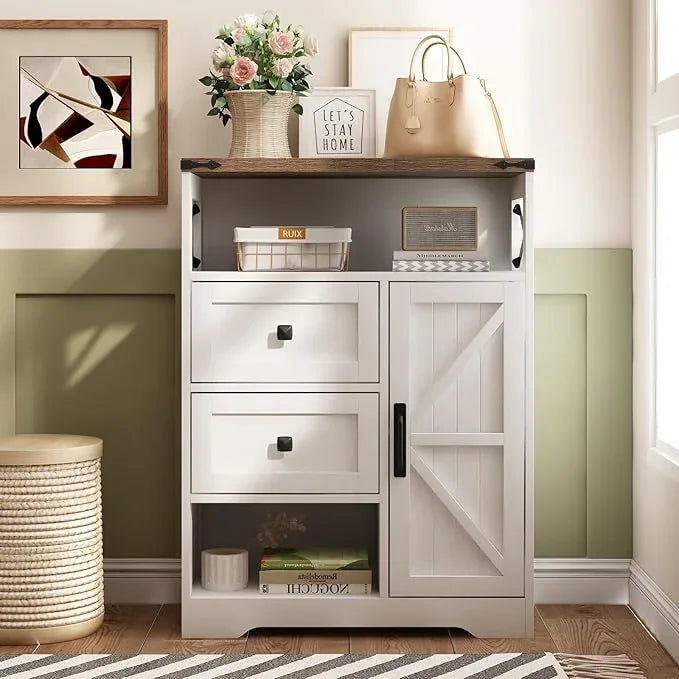 Fameill White Farmhouse Storage Cabinet with 2 Drawers & Shelves,Freestanding Kitchen Cabinet with Doors,Floor Storage Organization for Living Room,Bathroom,Laundry - ModernBath