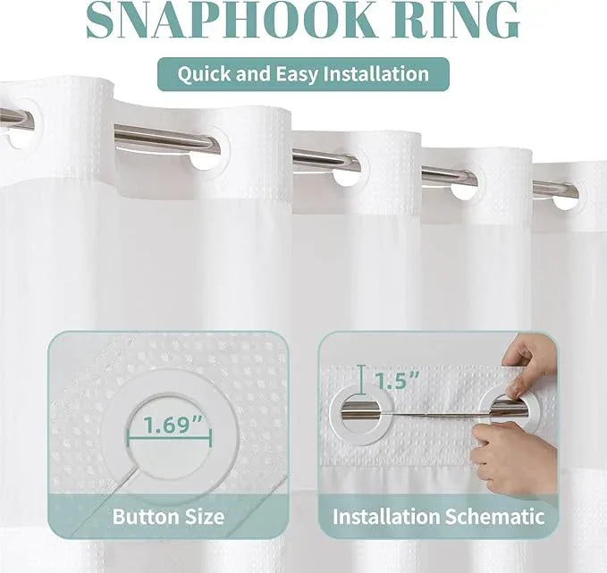 eachope White Extra Long No Hook Waffle Weave Shower Curtain with snap-in Liner Replacement, 230GSM Waterproof Fabric Hotel Shower Curtain Set for Bathroom, Through Mesh Top Window,71Wx98H - ModernBath