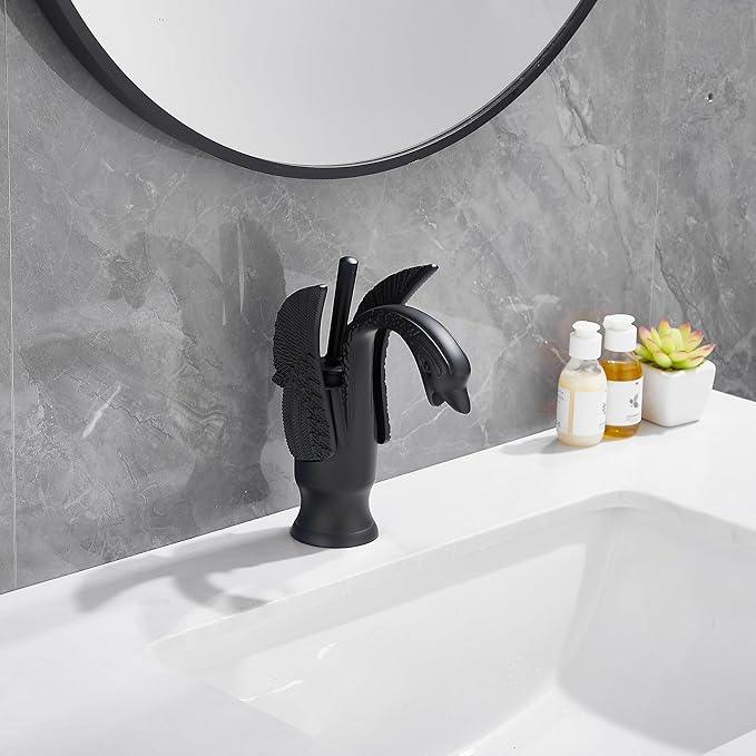 GGStudy Bathroom Faucet Matte Black Swan Single Handle 1 Hole Bathroom Vanity Faucet Basin Tap Deck Mount Lavatory - ModernBath