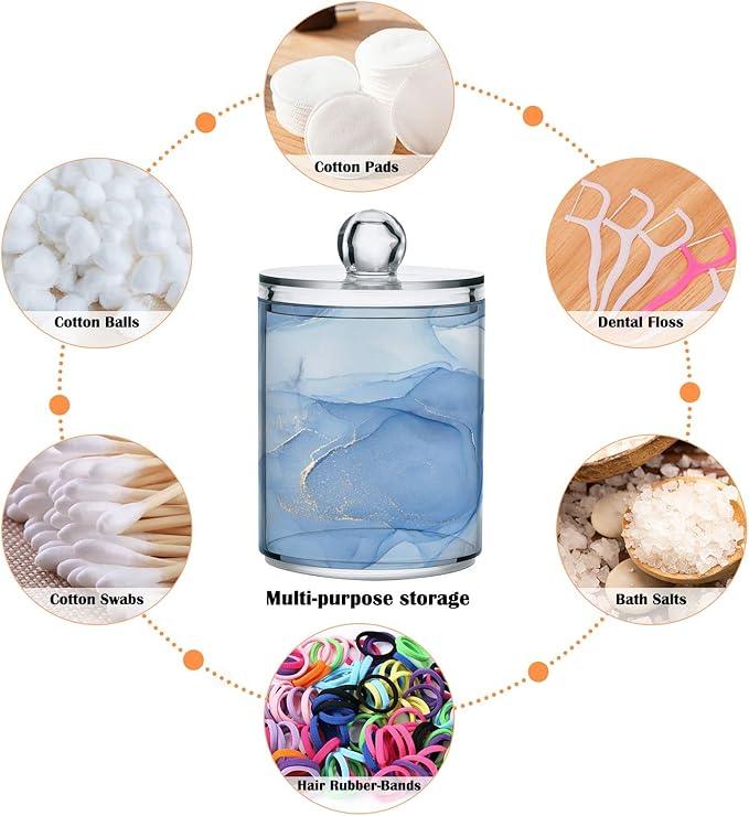 BOENLE 2 Pack Qtip Holder Dispenser Blue Marble Bathroom Storage Canister Lid Acrylic Plastic Apothecary Jar Set Vanity Makeup Organizer for Cotton Swabs/Pads/Floss - ModernBath
