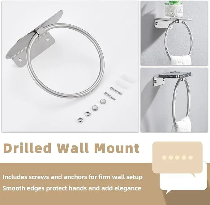 APLusee Towel Ring with Shelf Brushed Nickel, 304 Stainless Steel Rustproof Wall Mounted Holder, Space-Saving Storage for Hand Towels & Bathroom Essentials - ModernBath