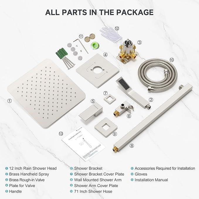 SR SUN RISE Shower Faucet Set & System - 12 Inch Rainfall Shower Head & Handle Set Wall Mounted Brushed Nickel Solid Brass Valve Trim Kit Included - ModernBath
