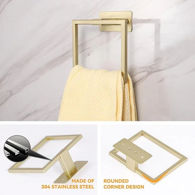 LANC Hand Towel Rings for Bathroom Wall Mount Brushed Gold Square Self Adhesive Hand Towel Holder for Bath Kitchen Lavatory Stainless Steel Contemporary Shower Towel Racks Towel Hanger, A8396BG - ModernBath