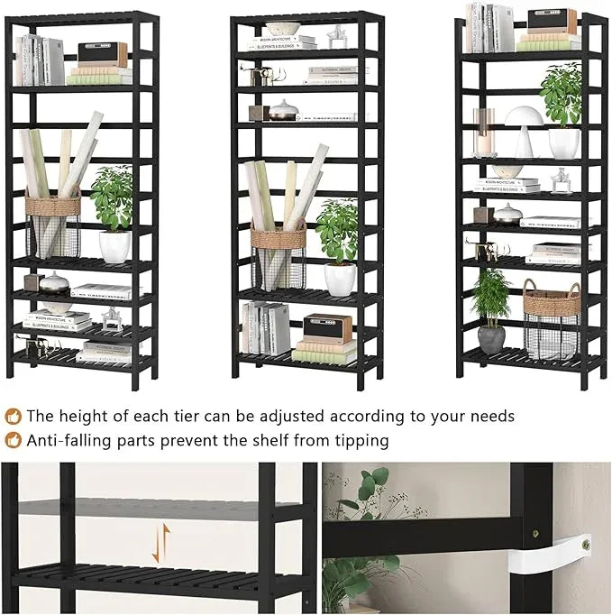 Homykic 6-Tier Bamboo Bookshelves and Bookcases, Adjustable 63.4”Tall Shallow Book Shelf Organizer Rack, Freestanding Storage Shelving Unit for Living Room, Kitchen, Bathroom, Office, Black - ModernBath