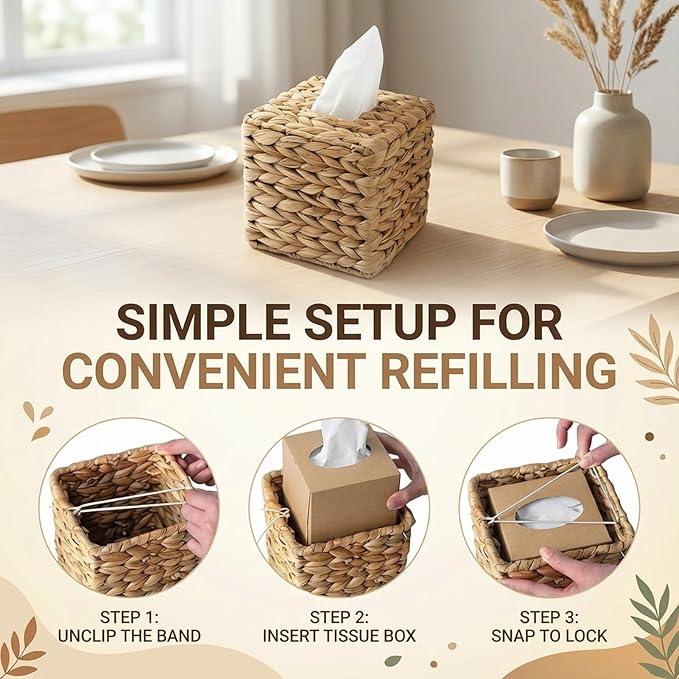 4 Pack Square Rattan Tissue Box Cover, Water Hyacinth Tissue Box Holder, Natural Hand Woven Wicker Tissue Holder for Bathroom, Kitchen, Living Room, Bedroom, Boho Decorative - ModernBath