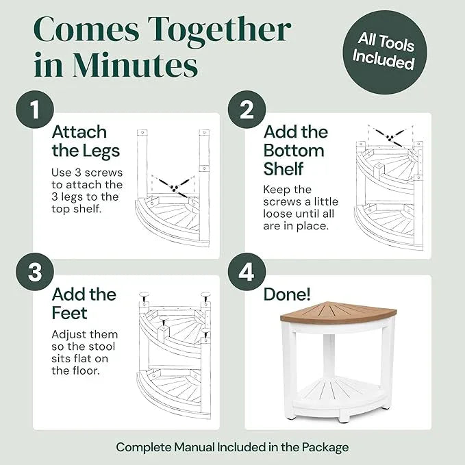 ROHKEX Waterproof Corner Shower Stool - Pack of 1, White & Brown - Stable Shaving Stool for Legs - Easy Assembly Plastic Shower Bench Seat - Non-Slip Feet, Gifts Idea for Home, Corner Bench Seat - ModernBath