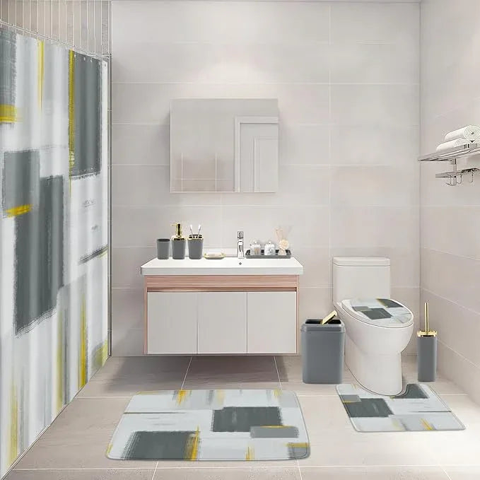 XLHOMO Bathroom Set - Grey and Gold Bathroom Accessories Set, Bathroom Sets with Shower Curtain and Rugs, Grey Shower Curtain Set with Bathroom Trash Can, Soap Dispenser, Soap Dish for Home Decor - ModernBath