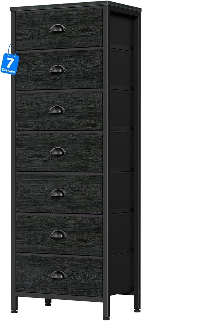 Furnulem Bedroom Dresser, Tall Chests of Drawers with 7 Fabric Bins, Black Organizer in Closet, Dorm, Living Room, Nursery, Hallyway-Storage Tower Unit, Sturdy Steel Frame - ModernBath