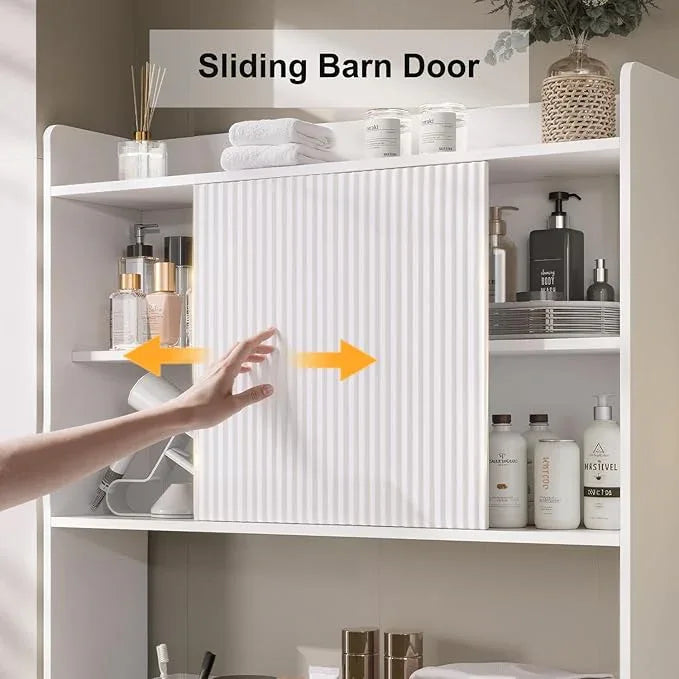 31.5" W Over The Toilet Storage Cabinet with Sliding Door, Bathroom Above Toilet Storage Cabinet with Adjustable Shelves, Toilet Paper Holder, Space Saver Cabinet for Bathroom, White - ModernBath