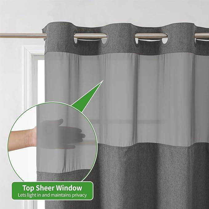 eachope No Hooks Needed Linen Textured Shower Curtain with Snap-in Fabric Liner Set,Hotel Luxury Decor Waterproof Shower Curtains for Bathroom with Mesh Top Window,Washable,71Wx74H,Charcoal Grey - ModernBath