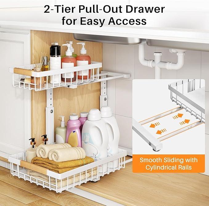 PXRACK 2 Pack Under Sink Organizer,Adjustable Height,2 Tier Pull Out Under Cabinet Organizer,Slide Out Thickened Metal Under Sink Storage for Kitchen Bathroom Laundry Cabinet Pantry,White(S) - ModernBath