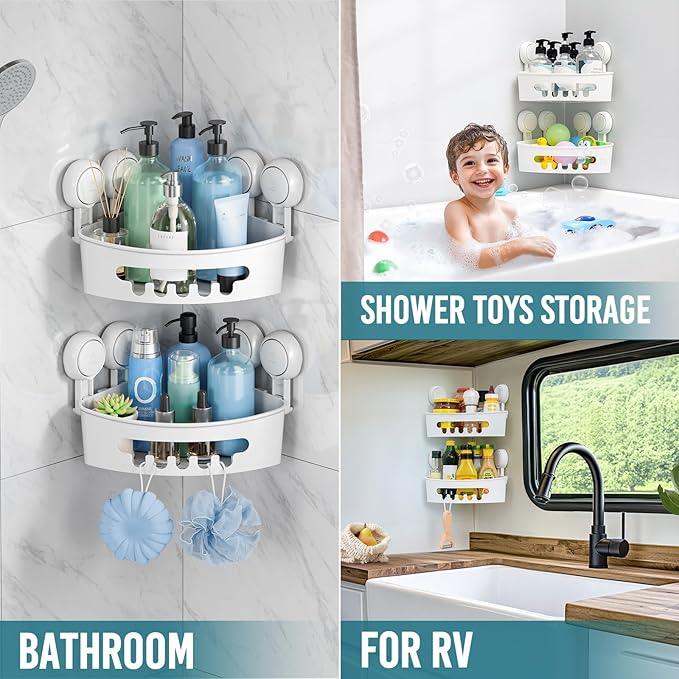 TAILI Suction Corner Shower Caddy, Bathroom Shelf Storage Basket Wall Mounted Organizer for Shampoo, Conditioner, Plastic Rack for Kitchen&Bathroom, Drill-Free Removable (2 Pack) - ModernBath