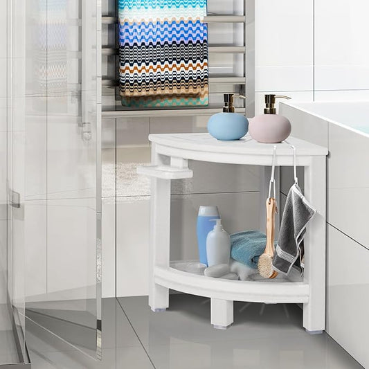 LOENIY 2-Tier Corner Shower Stool with Hooks & Soap Dish, HDPE Shower Bench for Shaving Legs, Wood-Like Shower Stool for Inside Shower with Non-Slip Foot Pads, Waterproof Shower Foot Rest (White)