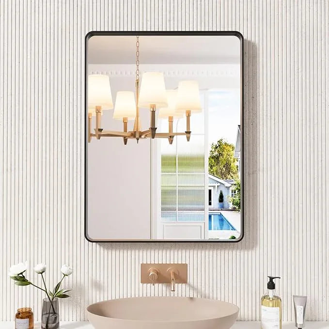 JISOSO Black Bathroom Mirror 24X32 Inch, Black Metal Framed Mirror for Wall, Rounded Rectangle Matte Bathroom Vanity Mirror with Tempered Glass, Anti-Rust, Horizontal/Vertical - ModernBath