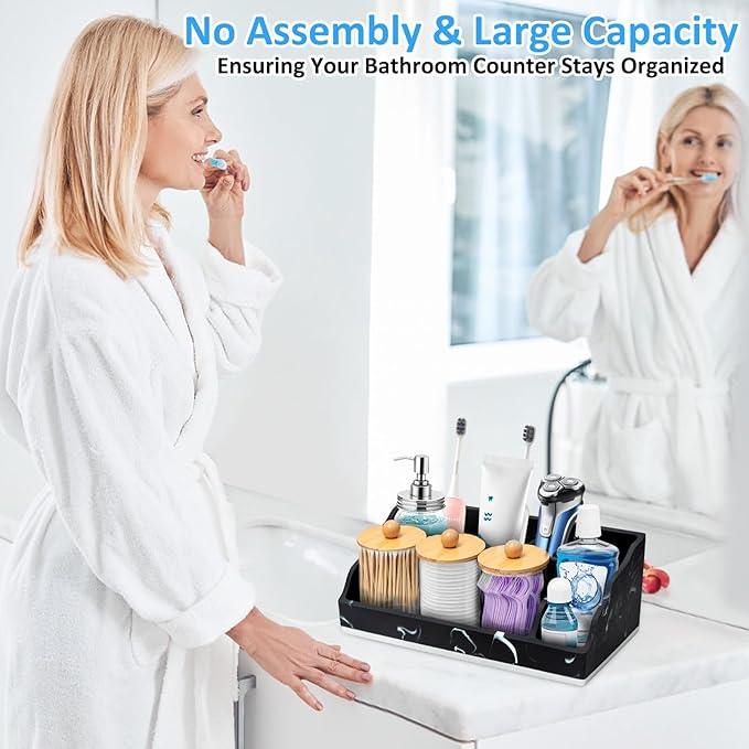 Bathroom Counter Organizer, Black Marble Toothbrush Holders for Bathrooms Organizer Countertop with 3PCS Qtip Holder, Toothbrush and Toothpaste Holder for Bathroom Organization Storage Vanity - ModernBath