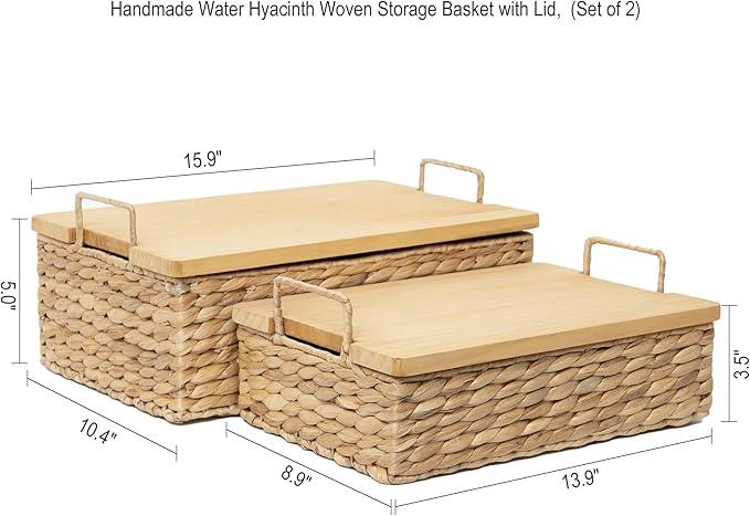 Handmade Water Hyacinth Woven Storage Basket with Lid, Multi - Functional Wicker Organizing Baskets (Set of 2) - ModernBath