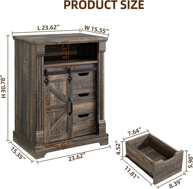 Bathroom Floor Cabinet, Farmhouse Storage Cabinet with Sliding Barn Door, Small Storage Cabinet with Drawer for Bathroom, Kitchen, Living Room, Rustic Style Cabinet (Dark Rustic Oak) - ModernBath