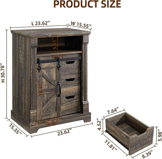 Bathroom Floor Cabinet, Farmhouse Storage Cabinet with Sliding Barn Door, Small Storage Cabinet with Drawer for Bathroom, Kitchen, Living Room, Rustic Style Cabinet (Dark Rustic Oak) - ModernBath
