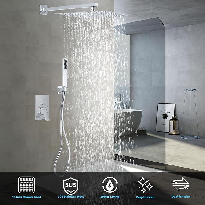 TENIGXT Bathroom Shower Faucet Set，10 Inch Rain Shower Head with Handheld Spray，Brass Shower Valve Trim Kit，Wall Mounted Square Rain Shower System (Chrome) - ModernBath