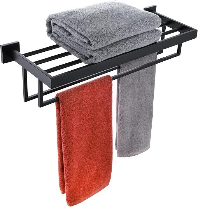 KOKOSIRI Black Towel Rack 20'' Bathroom Towel Shelf with Double Towel Bars SUS304 Matte Black Stainless Steel Wall Mounted, B6003BK-L20 - ModernBath