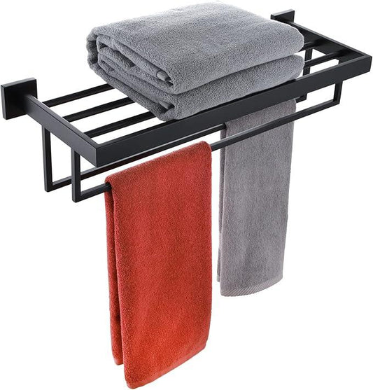 KOKOSIRI Black Towel Rack 20'' Bathroom Towel Shelf with Double Towel Bars SUS304 Matte Black Stainless Steel Wall Mounted, B6003BK-L20 - ModernBath