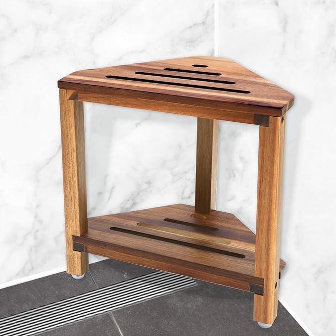 IBosins Corner Shower Stool with Storage Shelf Shower Foot Rest for Shaving Legs Small Bench for Inside Shower to Sit on Bath Seat - Acacia Wood - ModernBath