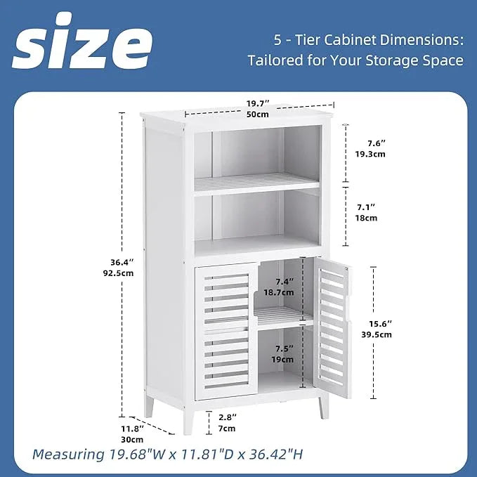 HITNET White Bathroom Cabinet, Bamboo Storage Cabinet Freestanding, Side Tall Storage Organizer for Kitchen Living Room Entryway - ModernBath