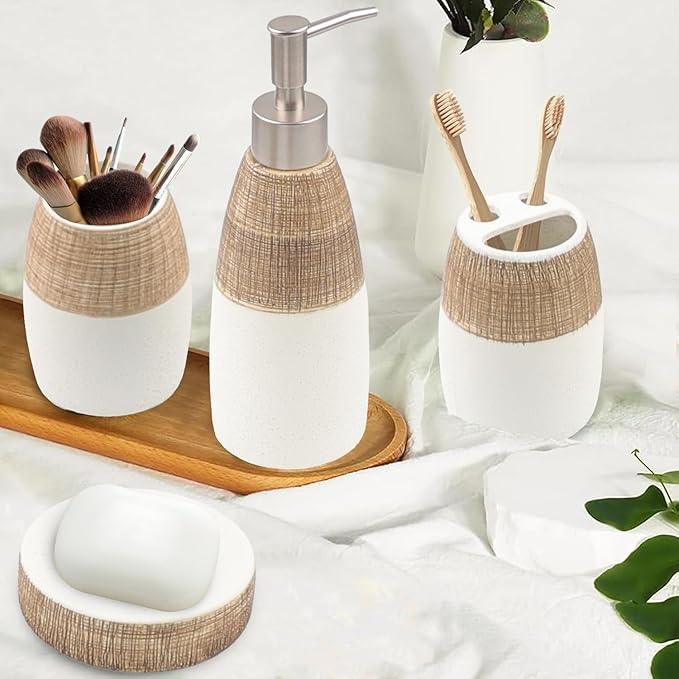 CERBIOR Bathroom Accessories Set,4 Pcs Ceramic Bathroom Decor Accessory,Includes Toothbrush Holder, Toothbrush Cup, Soap Dish for Decorative Countertop and Housewarming Gift, (Brown White) - ModernBath