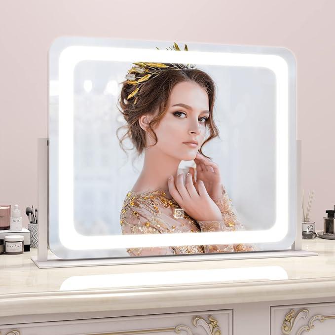 ROLOVE 22x17 Inch Lighted Vanity Mirror with Dimmable LED Lights - 3 Color Modes, Smart Touch Control & 360° Rotating Base - Desk Makeup Mirror (White) - ModernBath