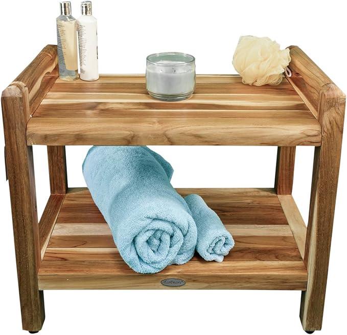 EcoDecors Eleganto 24 Inch Natural Color Waterproof Teak Wood Shower Bench Stool Seat Chair For Inside Shower Provides Safety, Storage, and Organization For Bathroom Accessories - ModernBath