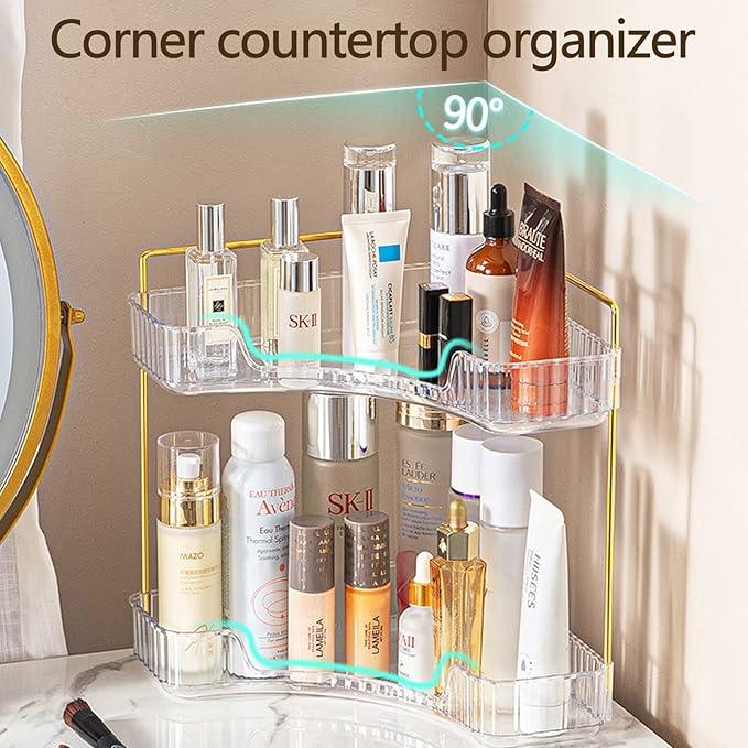 shuang qing 2-Tier Corner Bathroom Counter Organizer – Classic Storage Shelf for Makeup, Perfume & Toiletries, Space-Saving Countertop Tray Fits Bathroom, Dresser, Kitchen (Classic White) - ModernBath