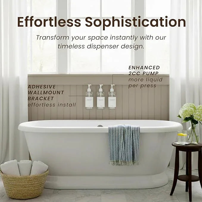 MaisoNovo Shampoo and Conditioner Dispenser - Shower Soap Dispenser Wall Mounted - 16.9 fl oz Set of 3 Clear Plastic Bottles White Pump - Shampoo Dispenser, Shower Dispenser 3 Chamber No Drill - ModernBath