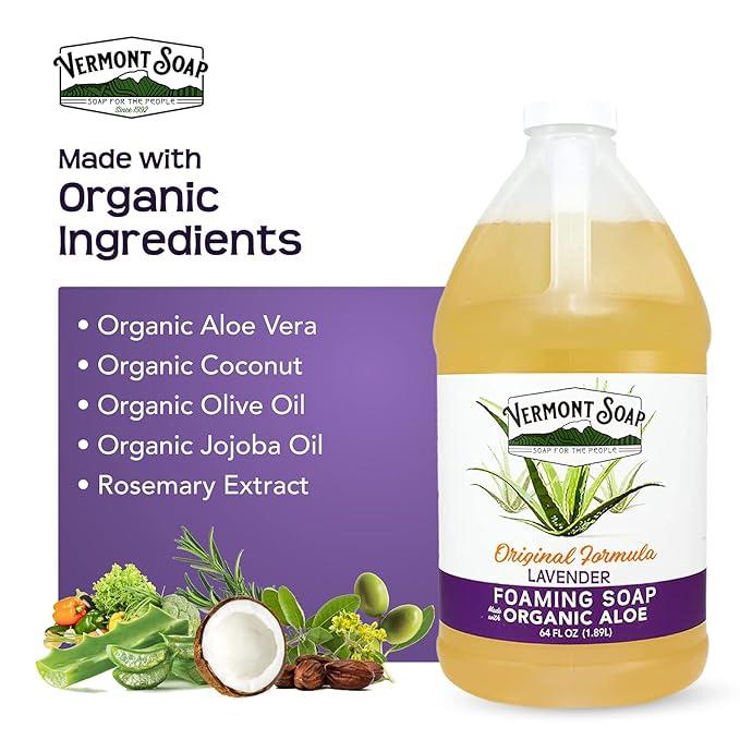 VERMONT SOAP Organic Lavender Foaming Hand Soap - Natural Moisturizing Soap for Dry Skin - Fragrance Free Liquid Bathroom Hand Soap - Lavender- 64 oz - ModernBath