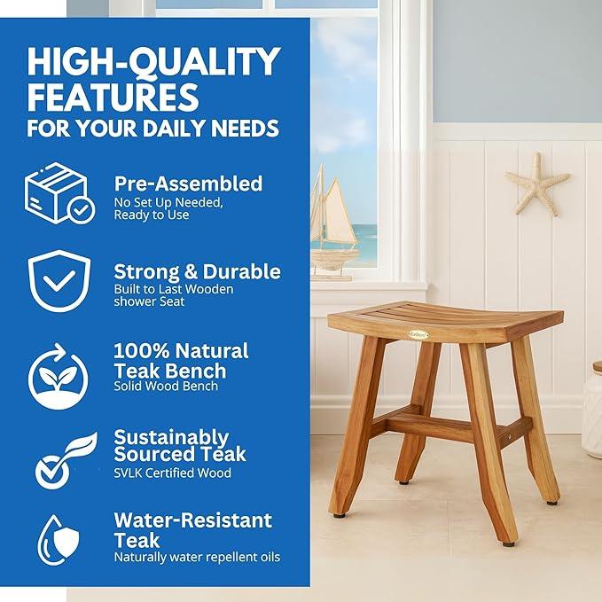 EcoDecors Fully Assembled, Satori 18" Teak Shower Bench, Wooden Shower Bench, Shower Stool, Compact Fit for Small Bathrooms & Walk-in Showers – Slip-Resistant Feet, Sauna Bench, Shower Stool Wood - ModernBath