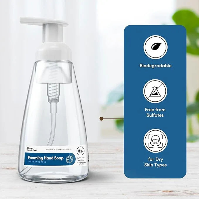 Clean Revolution Ready to Use Foaming Hand Soap| Three Pack | Jumbo 15oz Bottles | Gentle, Moisturizing & Eco-Friendly | Real Essential Oils | Fragrance Free | 45 Total Fl Oz, Clear - ModernBath