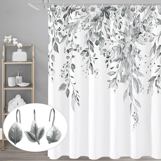 Gibelle 12PCS Leaves Shower Curtain Hooks, Grey Plant Leaf Decorative Shower Curtain Hooks Metal Rustproof Cute Eucalyptus Shower Curtain Rings Bathroom Decoration Accessories - ModernBath