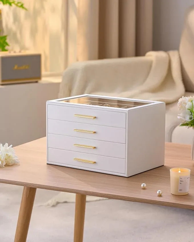 pickpiff Jewelry Box Organizer Case for Women: 4-Layer Jewelry Storage Case with Glass Window, Pure White Leather with Velvet Holder for Ring Necklace Bracelet Brooch Watch, Great Gift for Her - ModernBath
