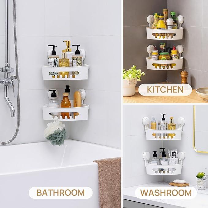 LEVERLOC Corner Shower Caddy Suction Cup, shower shelves suction cup, 2 Pack Basket Powerful Bathroom, Waterproof & Oil-proof Organizer for Kitchen, No-Drilling Removable - ModernBath