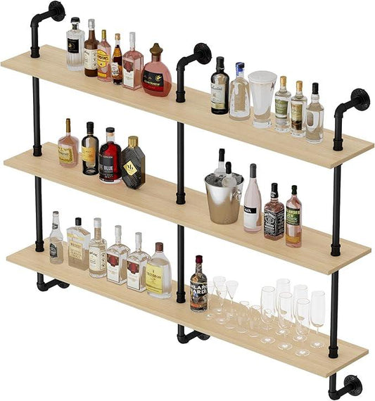 3-Tier Industrial Pipe Floating Shelf – Rustic 48 inch Wood Wall-Mounted Storage Shelf for Kitchen Office,Bathroom & Home Decor -White Oak - ModernBath