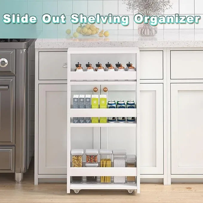 MARTY White Slim Storage Cart with Wheels, 4 Tier Rolling Utility Cart with Handle Slide Out Shelving Unit Organizer Trolley for Laundry Kitchen Bathroom Narrow Places Small Corner - ModernBath