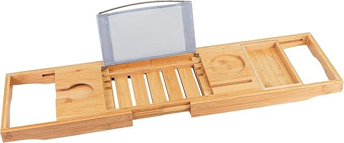 Utoplike Bamboo Bathtub Caddy Tray Bath Tray for Tub, Adjustable Bathroom Bathtub Organizer with Book Tablet Wine Glass Cup Towel Holder - ModernBath