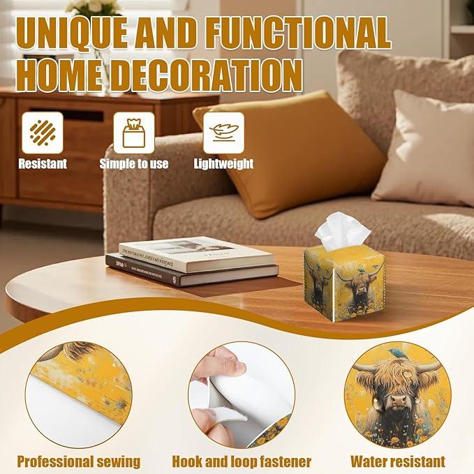 Highland Cow Floral Tissue Box Cover 2PCS, Bird Leather Tissue Box Holder Square Facial Paper Case Tissue Box Cube Organizer for Bathroom Bedroom Desk Office - ModernBath