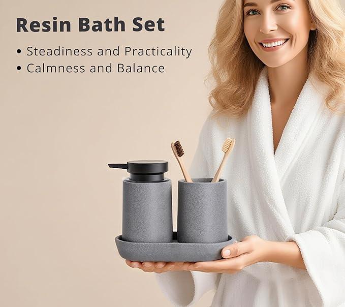 Clasin Home 3 Pcs Bathroom Accessories Set, Liquid Soap Dispenser with Large Pump, Toothbrush Holder Cup and Soap Dish, Sandstone Texture Bathroom Counter Set for Modern Home (Gray) - ModernBath