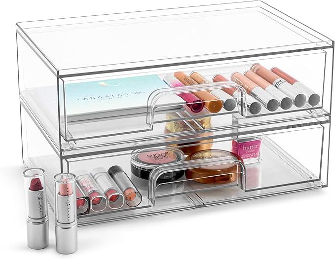 Sorbus Acrylic Storage Containers - 2 Pack, Stackable Storage Bins Set for Bathroom Organization - Clear Acrylic Drawer Organizers - Makeup Case Pull-Out Drawers (12.1’’ Wide) - ModernBath