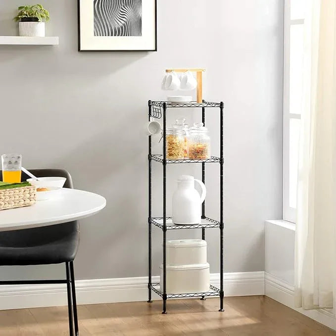 SONGMICS 4-Tier Bathroom Shelf, Storage Rack for Small Space, with 4 PP Shelf Liners, Removable Hook, Extendable Design, Ink Black and Translucent ULGR104B01 - ModernBath