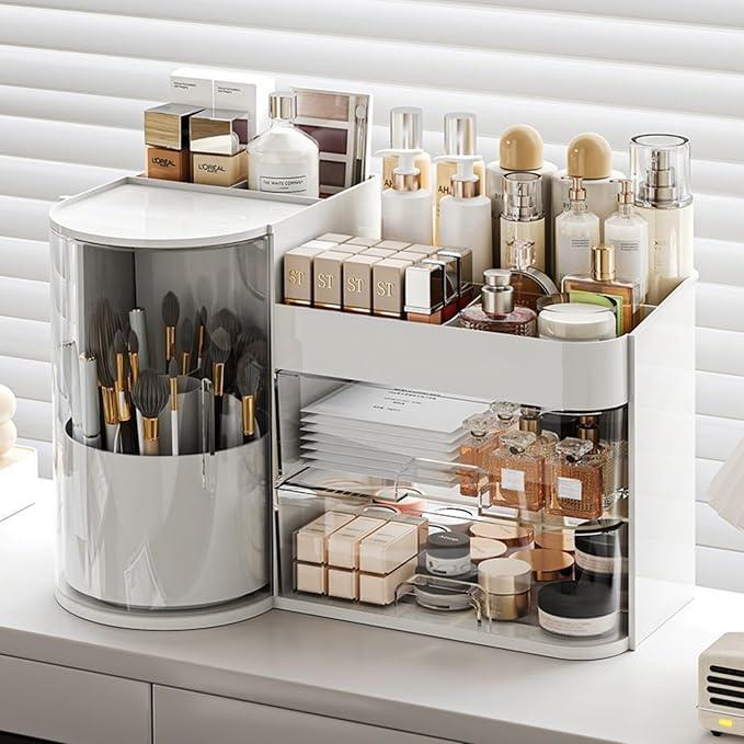 Makeup Organizer with Rotating Brush Holder Cosmetic Organizer with Drawers Countertop Skincare Organizer for Vanity,Cosmetic Display Case Storage (White, Large) - ModernBath