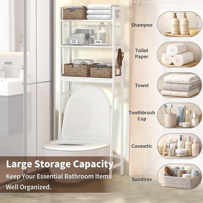 BAMBANG Over The Toilet Storage Rack, 3-Tier Over The Toilet Storage Shelf with 3 Hooks, Freestanding Above Toilet Bathroom Organizer Shelves for Space Saver Storage, Bamboo White - ModernBath